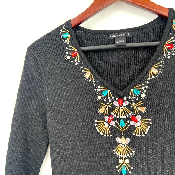 Lauren Michelle Womens Size Small Beaded Christmas Artsy Blouse Shirt Top Party - Picture 5 of 7